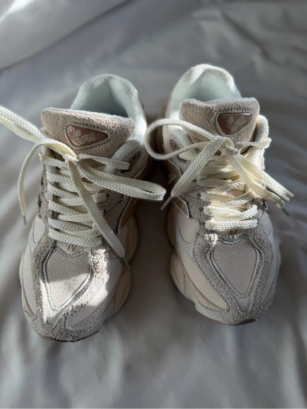 New Balance Women's 9060 in Bisque Sea Salt, thick structured suede Sneakers